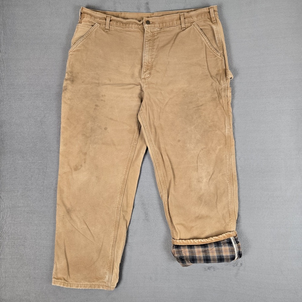 Carhartt Pants Mens 42x30 Brown Tan B111 Flannel Lined Carpenter Distressed